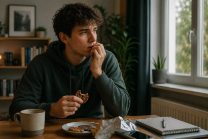 Jeune homme mangeant des biscuits pour illustrer un comportement lié à l'anxiété ou aux émotions.